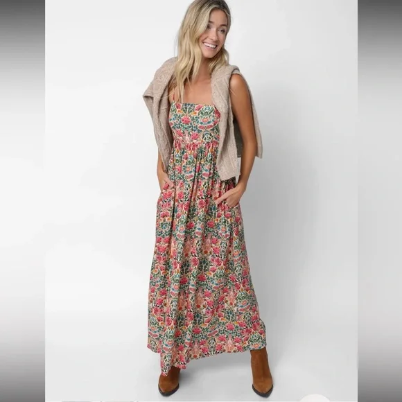❤️Natural Life Pink Green Cream Floral Maxi Dress with pockets - Picture 3 of 5